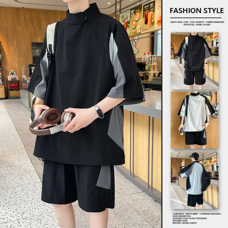 【T-Shirt + 5-Point Shorts】Men's T-Shirt Set Summer Fashion Nylon Blend Diagonal Neck Streetwear Sports Leisure Two-Piece Suit