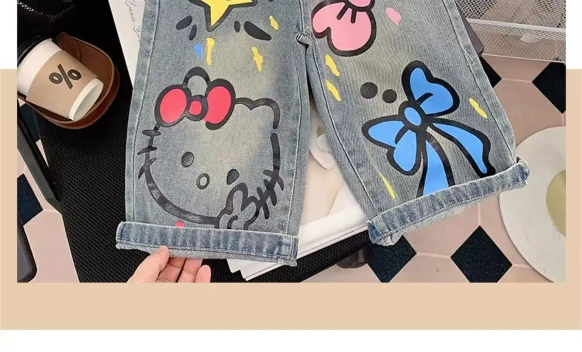 2026 Sanrio Hello Kitty Jeans Children Street Style New Loose Fit Trendy Cool Spring Autumn Fashion Long Denim Pants Casual Wear