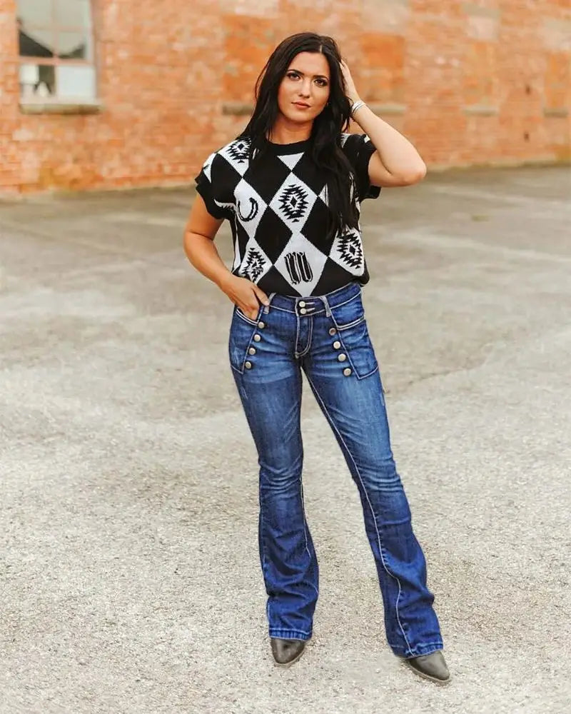 European and American women's jeans with trendy high street button design slim fit and slimming temperament micro flared pants