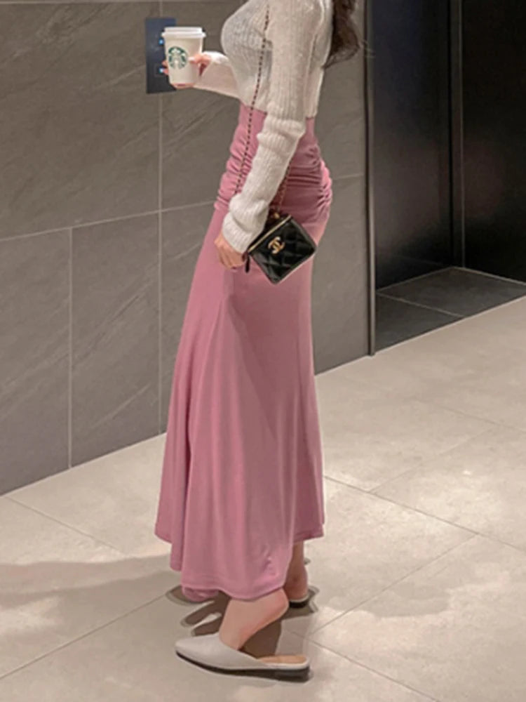 Shirring Satin Skirts for Women High Waisted Skirt 2026 Women A-Line Elegant Skirts Summer Pink Midi Skirt New Korean Style