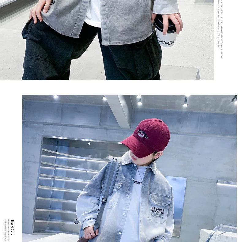 Loose Teenage Boy Gray Gradient Denim Shirt Jacket For Child Age 5 6 7 8 9 10 11 12 13 14 Years Kids Casual Spring Clothing Coat