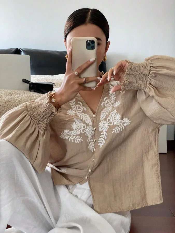 Women Autumn Single Breasted V-neck Blouses and Shirts Ladies Casual Embroidery Long Sleeve Shirt Tops
