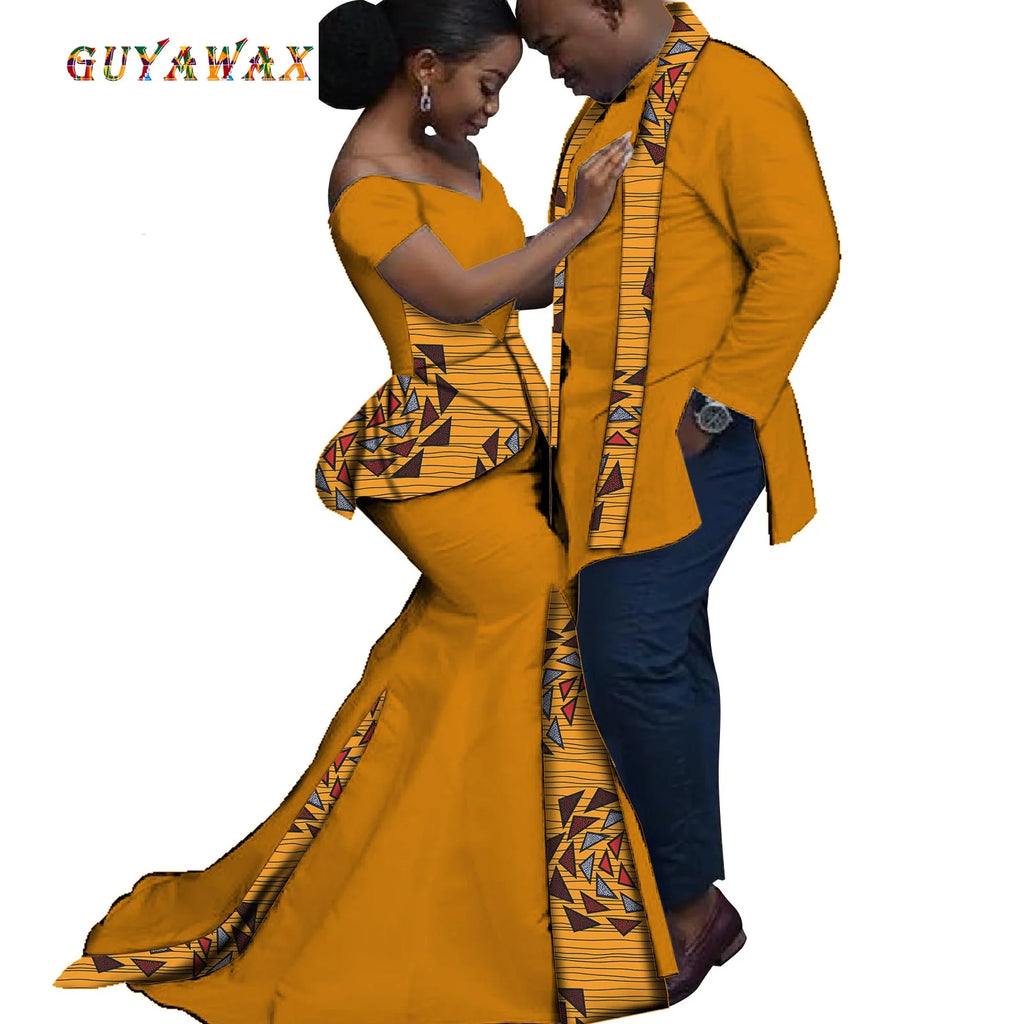 Dashiki Couple African Clothes Matching Clothes for Couples Women Ankara Print Party Dresses Fashion Men Top and Scarf Suits