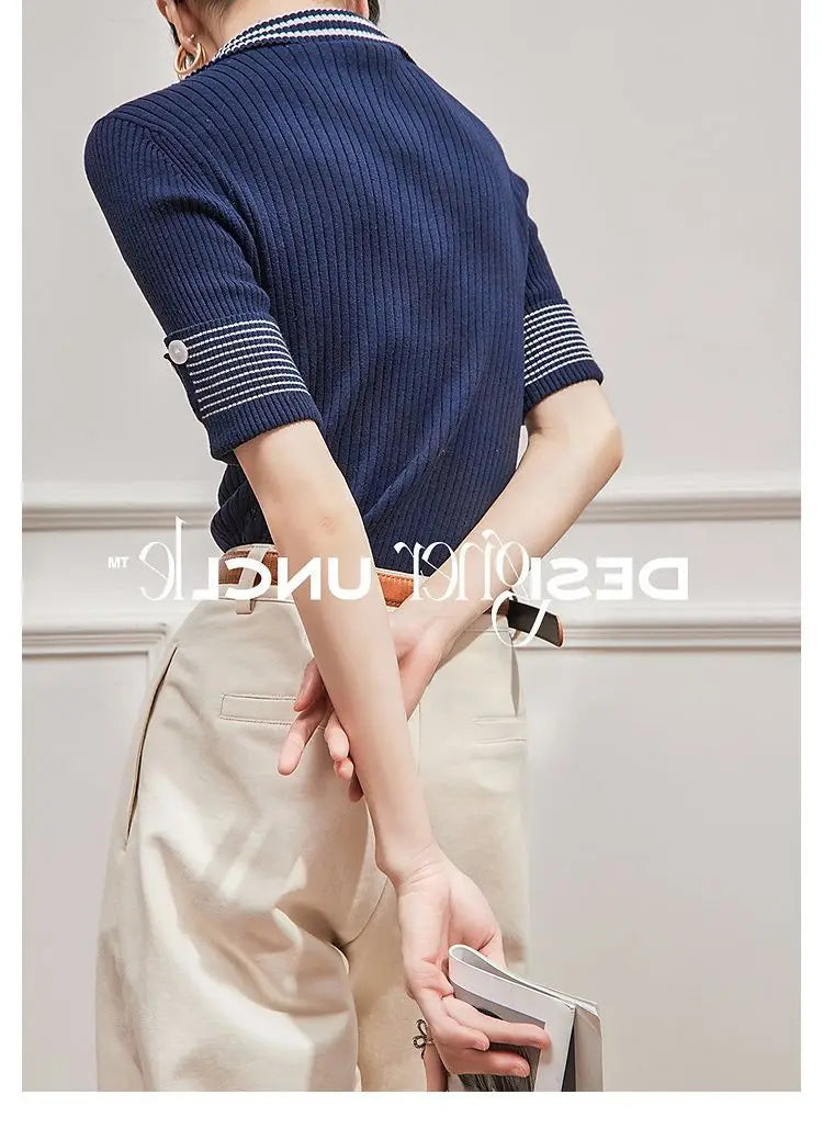 Women's T Shirts Polo Neck Shirt Top Short Sleeve Tee Clothes White Striped Cute Offer Premium With Collar Polyester Sale