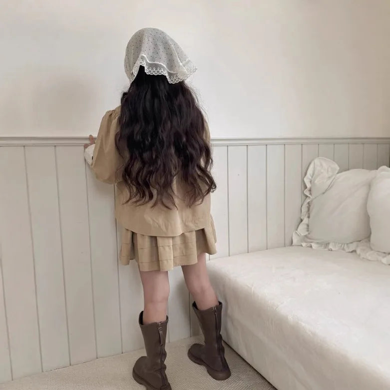 2025 Japanese Girls' Spring and Autumn Cotton Casual Ruffle Collar Jacket, Half Skirt, Children's Forest Two-piece Set