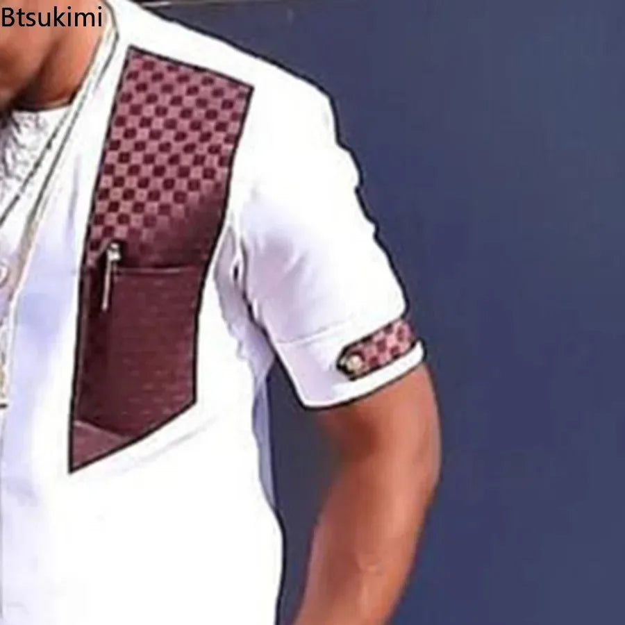 2026 Summer Fashion African Shirts for Men Slim Casual Shirt Tops Patchwork Design Ethnic Style Traditional Men's Clothing S-5XL
