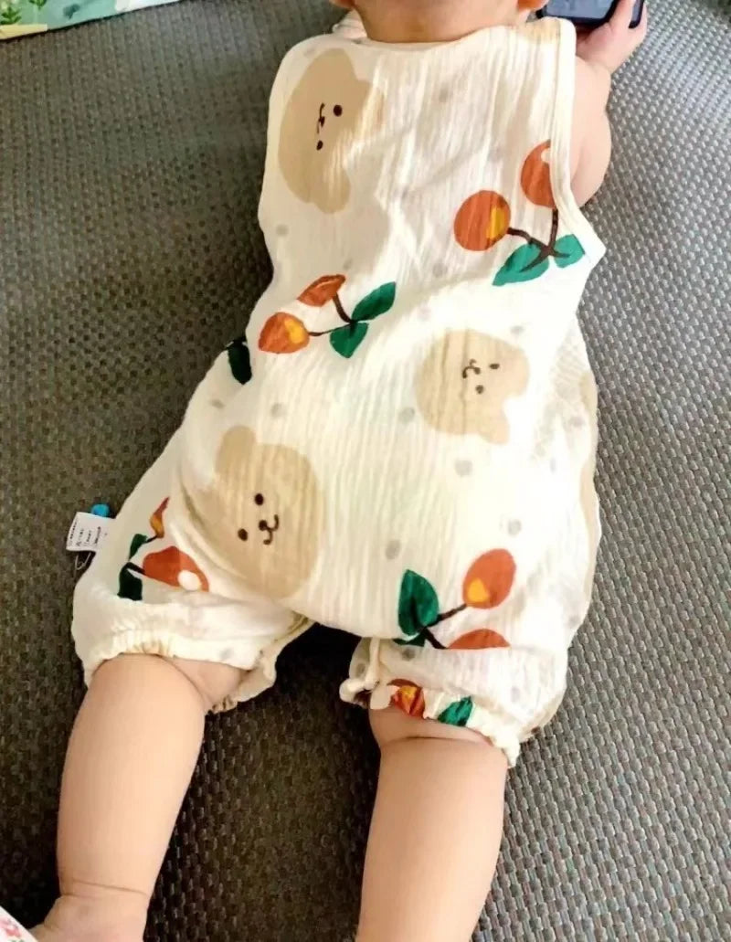 Summer Baby Girls Romper Cartoon Bear Newborn Jumpsuits Infant Sleeveless Muslin Clothing for Boys Printed Outfits