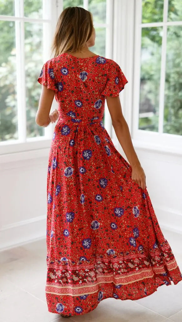 Summer Dress Women 2024 Short Sleeveless Casual V-neck Floral Print Boho Beach Long Dress S-3XL Sexy Split Party Robe