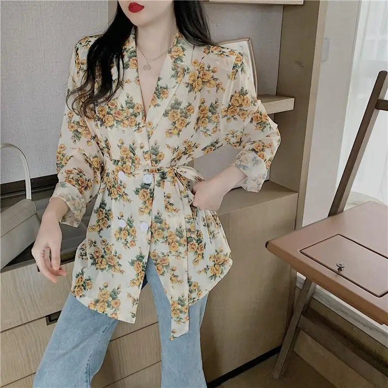 Women's Shirts And Blouses Button Up Top For Woman With Bow Clothing Floral Loose Sleeves Y2k Elegant Youth Xxl Stylish M