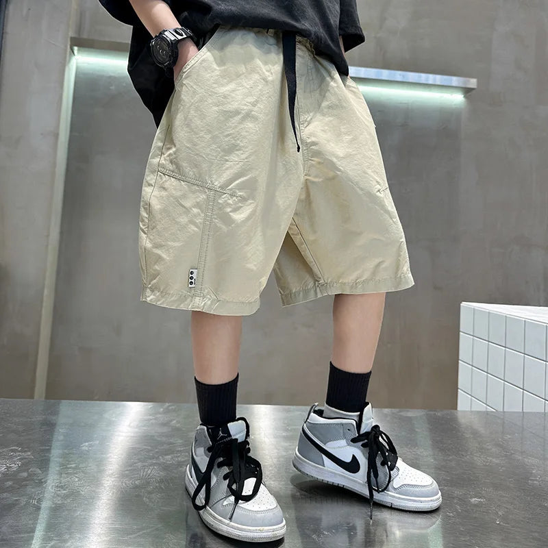 Kids Casual Solid Color Cargo Shorts for Tween Boys Khaki Black Summer Shorts Teenage Child Brief Knee-Length Pants Age 5-14Y