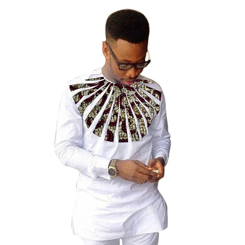 Nigerian Fashion White Men's Shirts O-Neck Modern Design Sector Patchwork Tops Customized African Wedding Party Wear