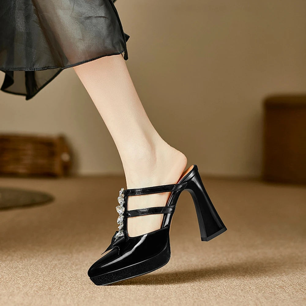 Thick High Heels Sandals Women Genuine Leather Fashion Rhinestone Bow Pointed Dress Wedding Party Dress Pumps Shoes 898-222