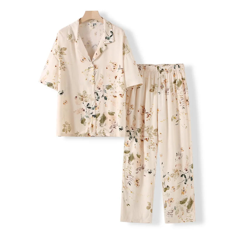 Elegant Versatile Floral Shirt & Shorts/Pants Set Women French Style Silky Viscose Loungewear 2Pcs Summer Pajamas Outerwear Top