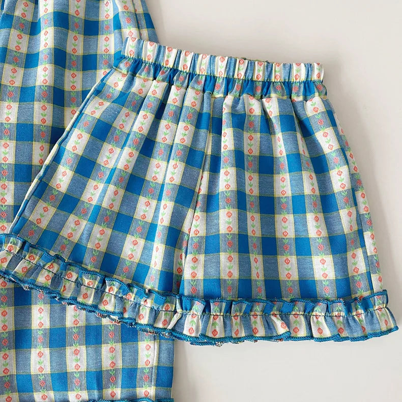 Girls 3-Piece Outfit Set – Blue Plaid Floral Sleeveless Top + Wide Leg Pants & Shorts, Summer Mix & Match Clothes