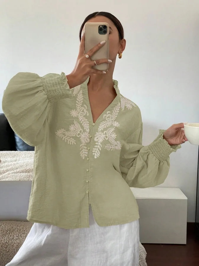 Women Autumn Single Breasted V-neck Blouses and Shirts Ladies Casual Embroidery Long Sleeve Shirt Tops