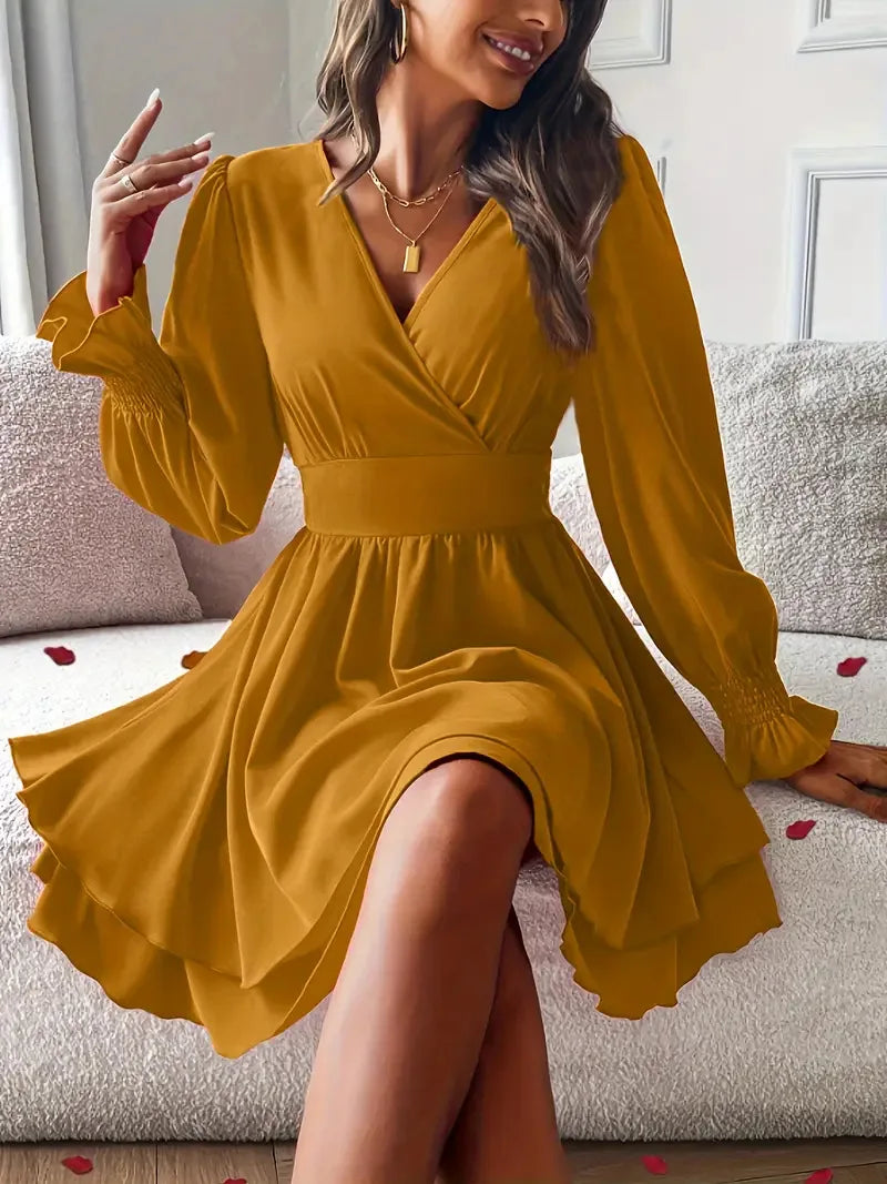 Summer New Dresses 2026 Woman Clothing V-Neck Lantern Sleeve Wrap Mini Dress Ruched Waisted Dress Elegant for Spring Party Dress