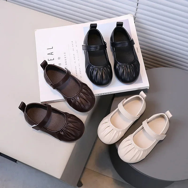 Girls Soft Sweet Princess Dance Shoes for Party Wedding Children's Fashion Pleated Leather Shoes Kids New Chic Solid Color Flats