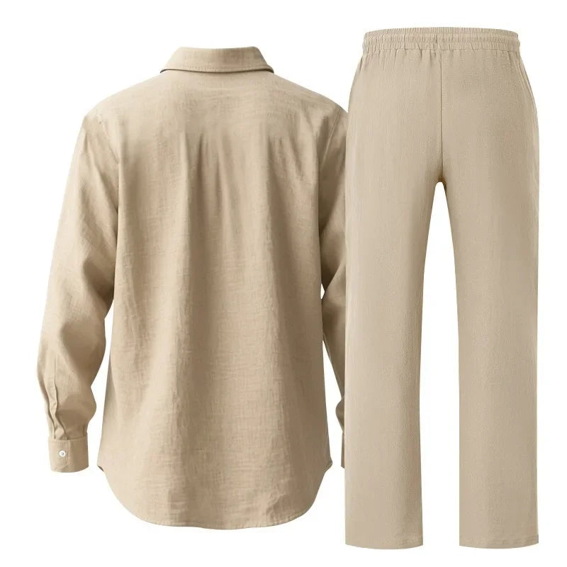 KIDWHXR Man 2-piece Outfit Spring Single-breasted Long Sleeve Shirts Male Drawstring Trousers Men Thin Cotton Linen Casual Set