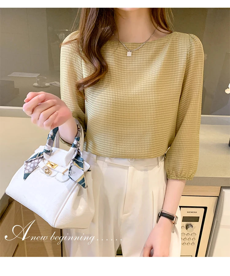 Blusas Para Mujer 2026 New Women Blouse Shirt O-Neck Black Chiffon Blouse Shirt Women Tops Blouses Shirts Blusas Camisas E474