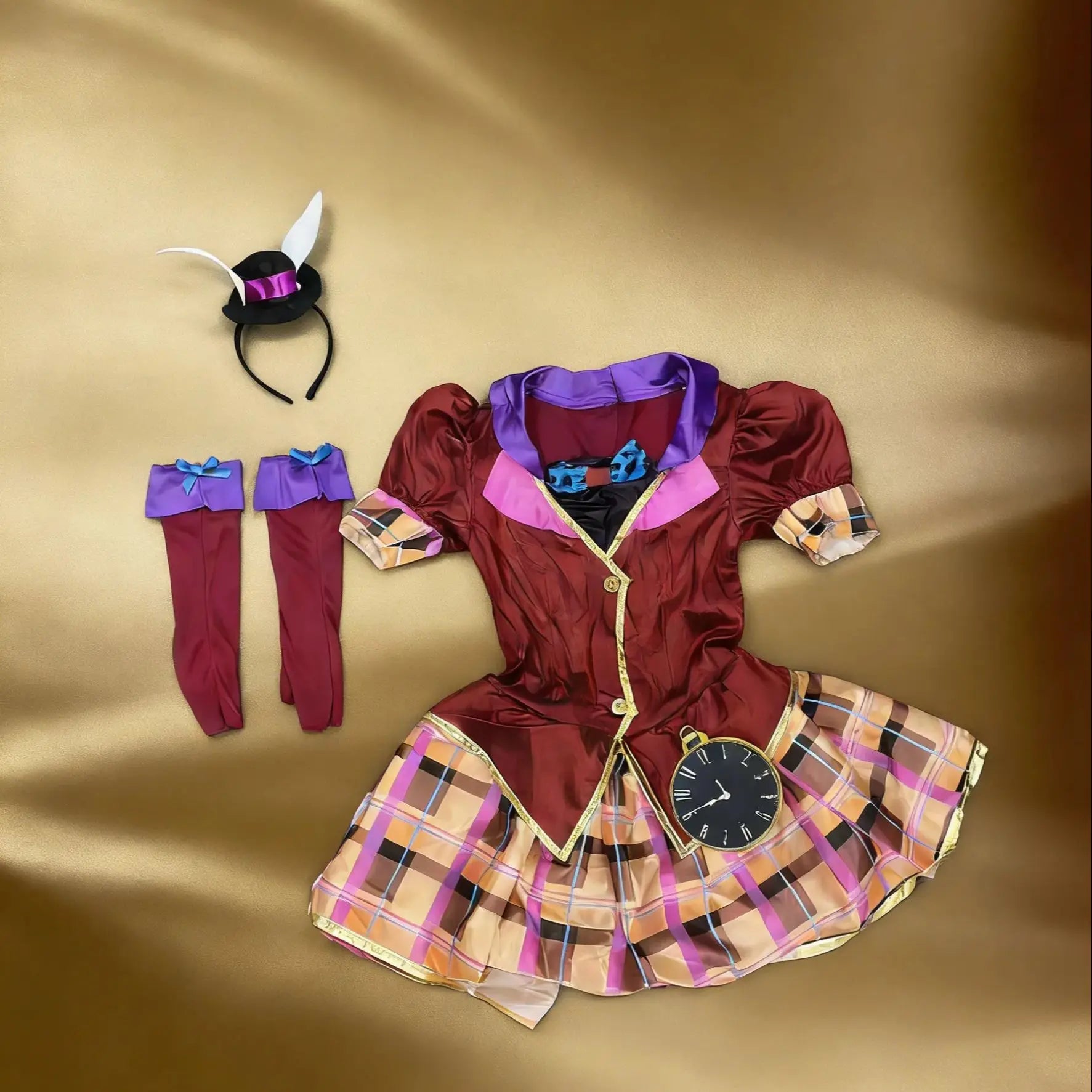 Girls' Burgundy Multi-Piece Outfit: 1 Girl's Dress with Bow Decoration + 1 Small Hat with Ear-Shaped Headband + 1 Pair of Gloves with Bow Rings, Suitable for Girls' Carnival, Halloween, and Various Holiday Party Performances.
