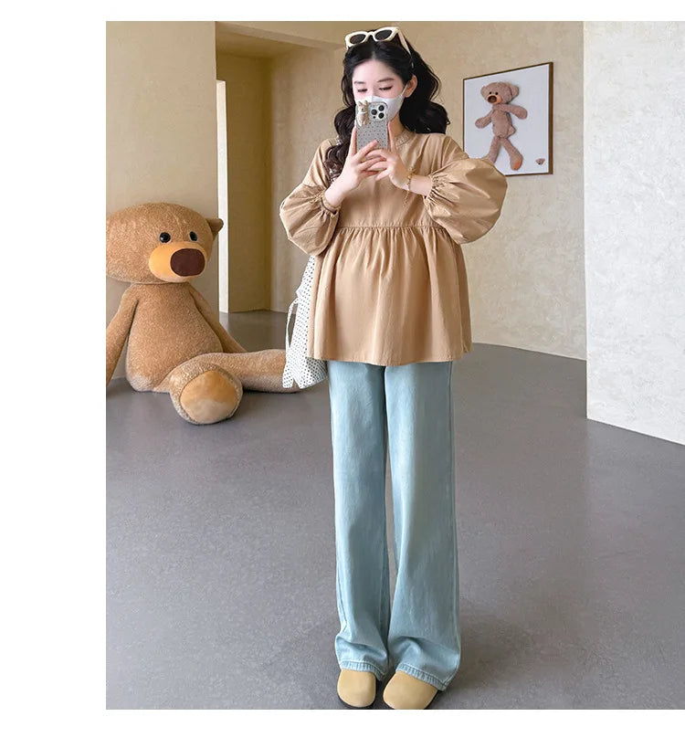 Maternity Blouse Spring Autumn Flower Round Neck Puff Long Sleeve Tops For Pregnant Women 2026 Loose Comfortable
