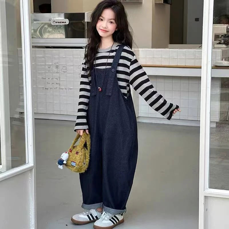 Girls 2 Piece Outfit Korean Style Kids Striped Long Sleeve T-shirt + Loose Denim Overalls Set Spring Autumn Children's Clothing