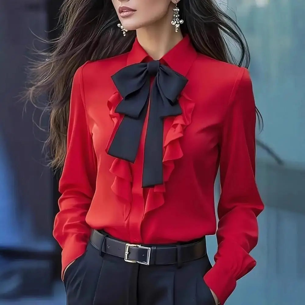 Women Shirts 2026 Spring Autumn Women Shirt Lapel Bow Ruffle Design Long Sleeve Shirt Tops Buttons Closure Shirt Blouses Tops