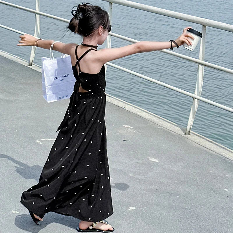 teenage girls dress design sense cross tie polka dot camisole princess dresses summer junior backless long skirt prom dresses 12