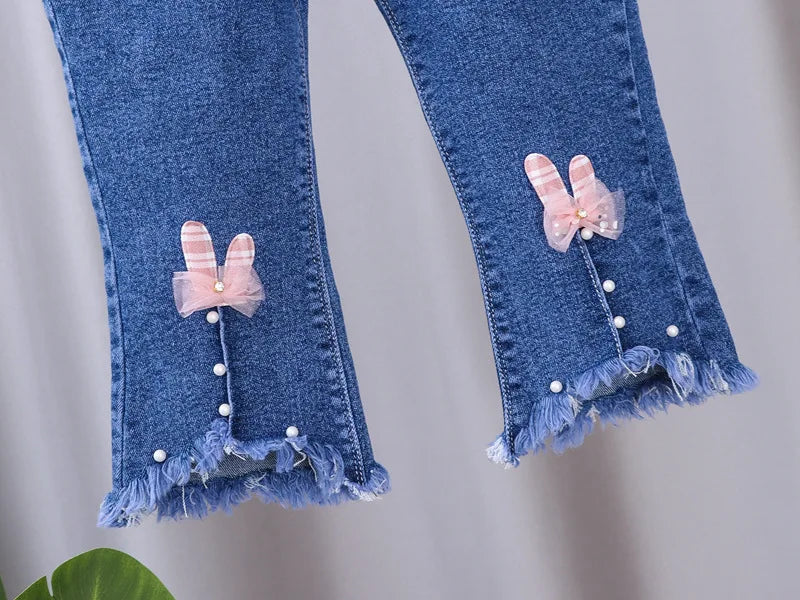 Jeans for Kids Girls Trousers Spring Autumn 2023 New Bow Bell-bottomed Stretch Princess pants for children Girl Denim Pants