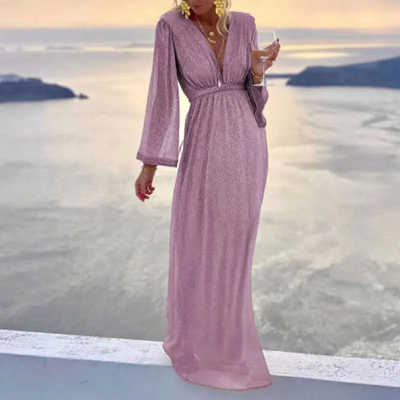 New 2026 Women's Sexy Evening Dresses Deep V-neck Gold Elegant Dress Female Wedding Party Long Formal Prom Party Gowns Vestidos