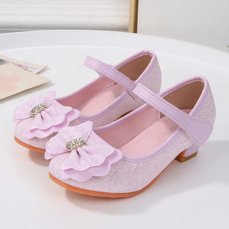 Elegant Girl High Heel Shoes for Princess 2026 New Children's Baby Fashion Party Shoes Sweet Bowknot Kids Sequins Leather Shoes