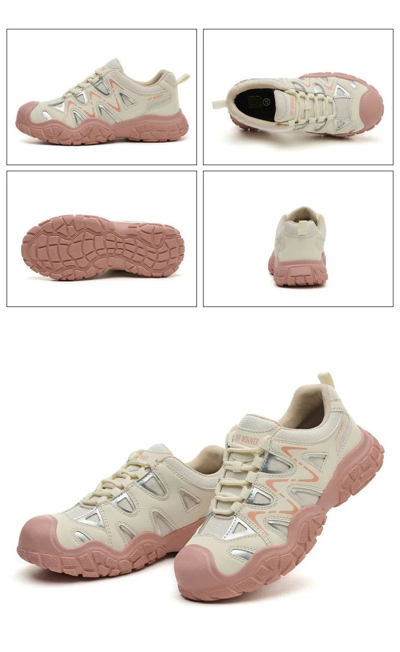 Women's safety shoes with steel toe caps, anti smashing and anti puncture rotating buttons, no tie up, hot selling shoes