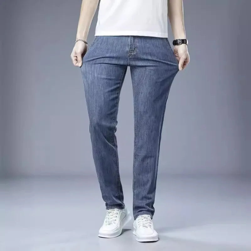 KIDWHXR Men Jean Trousers Slim Elastic Mid Waist Male Denim Pants Fashion Simple Casual Comfortable Man Straight-leg Pant