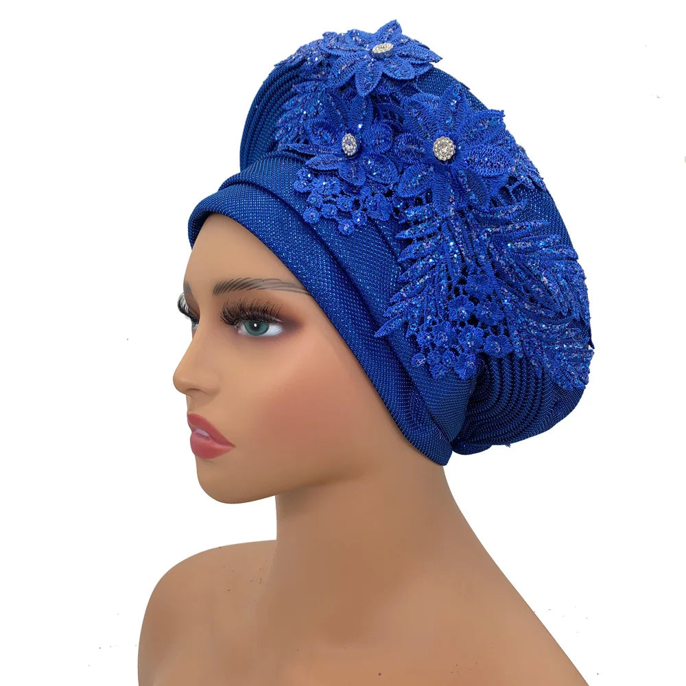 Elegant African Autogele Women's Turban Cap Nigeria Wedding Gele Ready to Wear Headtie with Embroidery Lace Party Headwear