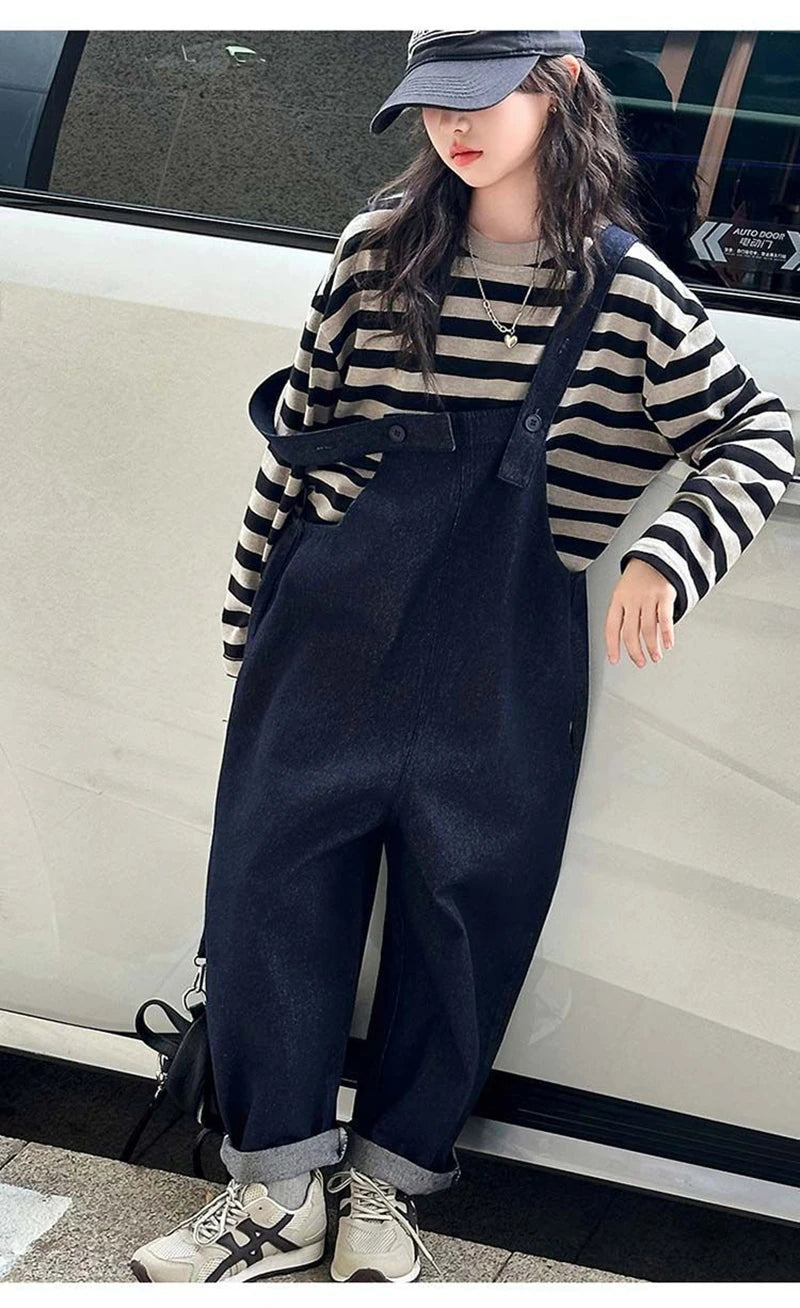 Girls 2 Piece Outfit Korean Style Kids Striped Long Sleeve T-shirt + Loose Denim Overalls Set Spring Autumn Children's Clothing