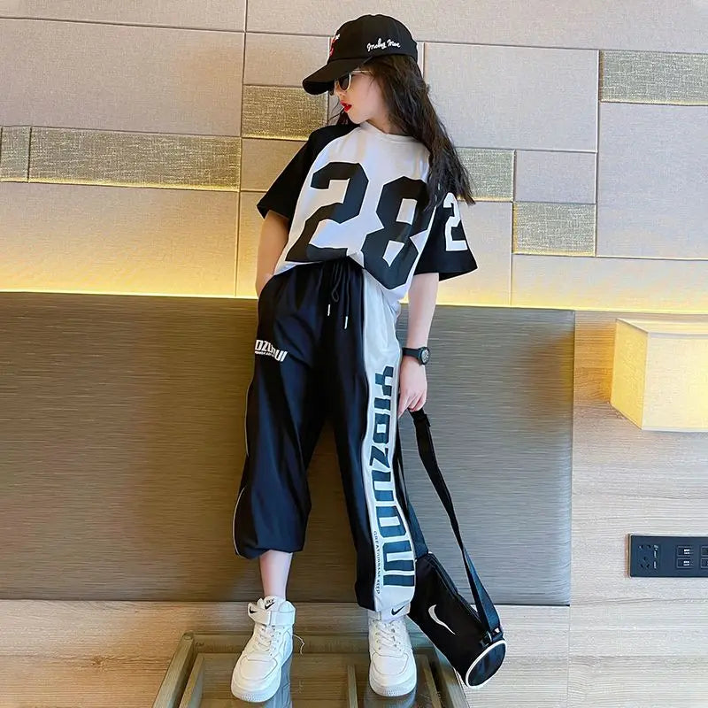 Girls Summer New Fashion Sports Cotton 2pcs T-shirts+Pants Suits 5-14 Years Teenage Girls Hiphop Oufits Tops Sets Kids Clothing