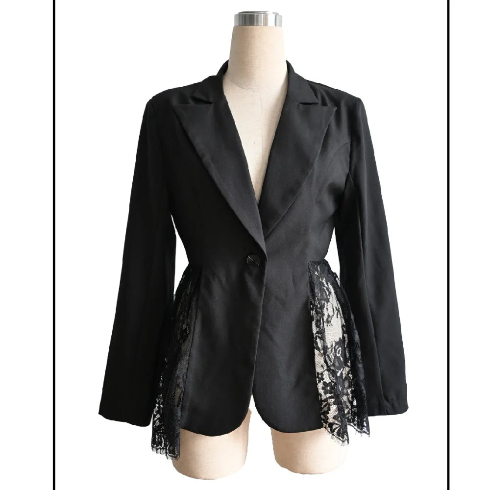 Women Elegant Blazer Suits Ladies Spring Autumn Long Sleeve Single Button Jackets Coats with Lace Hem