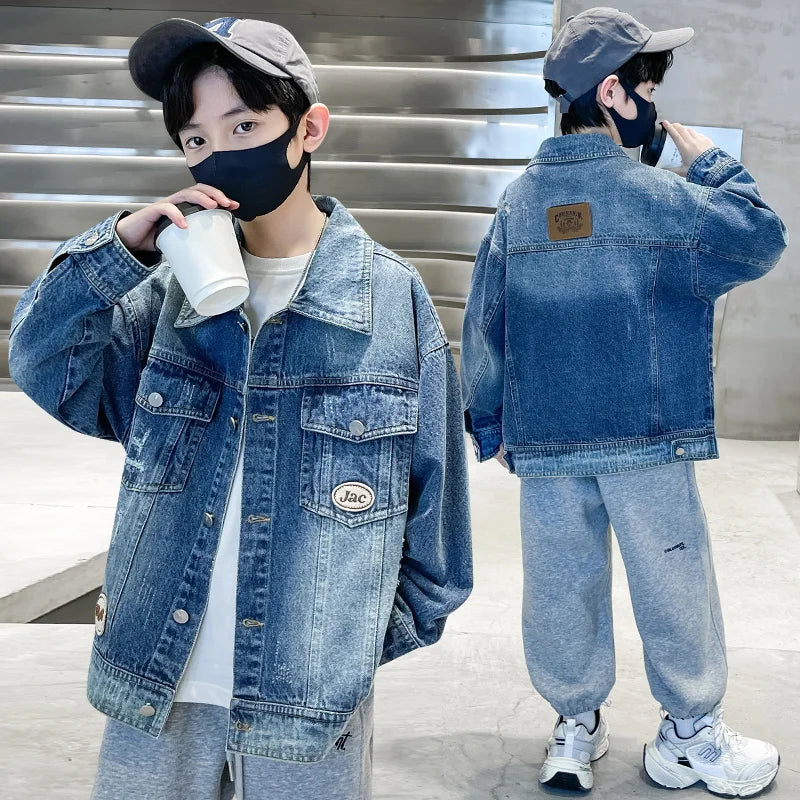 Kids Luxury Clothing Black Blue Denim Jacket for Teenage Boy Spring Autumn Ripped Denim Jacket Coat Child Casual Outfit Age 5-14
