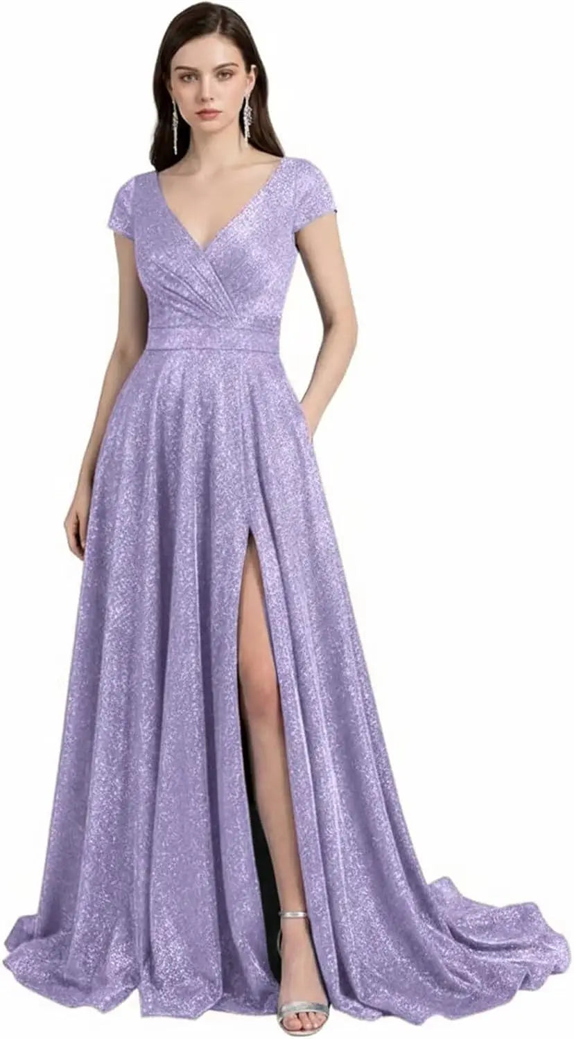 Prom Dresses Long for Women A Line with Pockets V Neck Formal Evening Ball Gown Elegant Dress Women for Wedding Party
