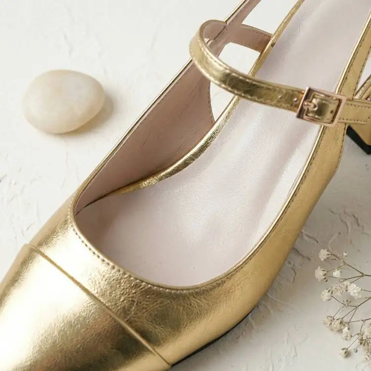 Mary Jane Colorful Leather Single Shoes Female Round Toe Back Empty Buckle Strap Women’s Sandals 7cm Chunky High Heels Office DE