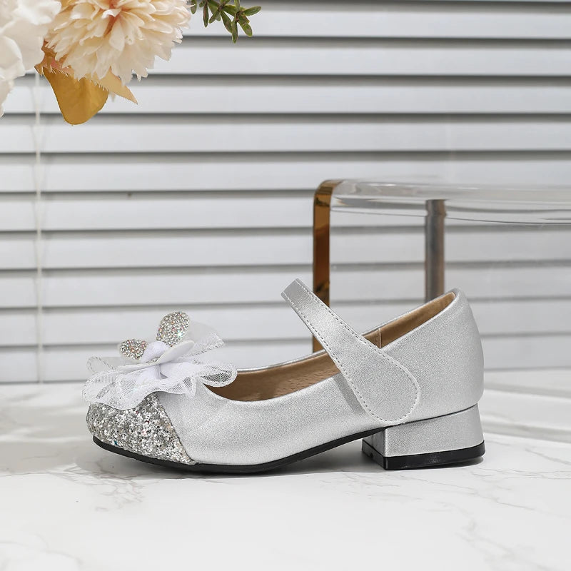 New Girl Princess Shoes for Wedding Party Children Fashion Leather Shoes Silver Bowknot Versatile Kids Catwalk High Heel Shoes