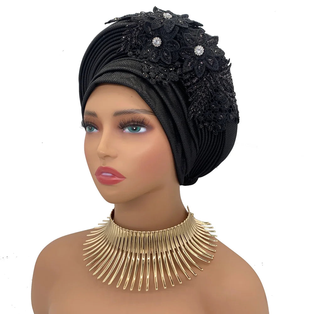 Elegant African Autogele Women's Turban Cap Nigeria Wedding Gele Ready to Wear Headtie with Embroidery Lace Party Headwear