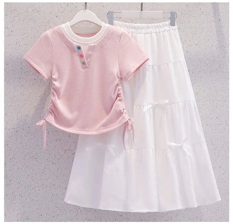 Summer Teenage Girls Clothes Set Children O-Neck Tshirt and Mid Skirt Suit Student School Short Sleeve Top Bottom Outfits