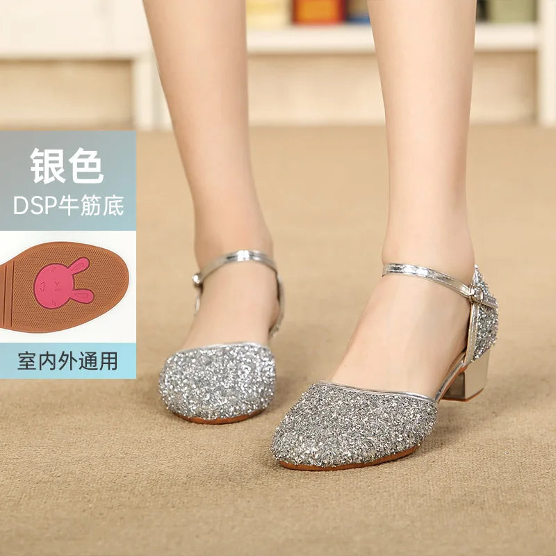 2023 New Summer Girls Party Shoes Princess Sandals Sequined Cloth Leather Glitter Buckle Strap Block Heel Kids Gift Shoes