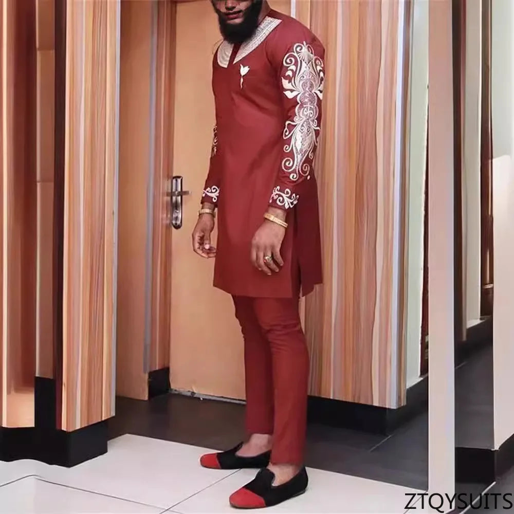 2 Piece African Clothes for Men Spring Fashion African Long Sleeve Top Long Pant Matching Sets Outfits Dashiki African Clothing