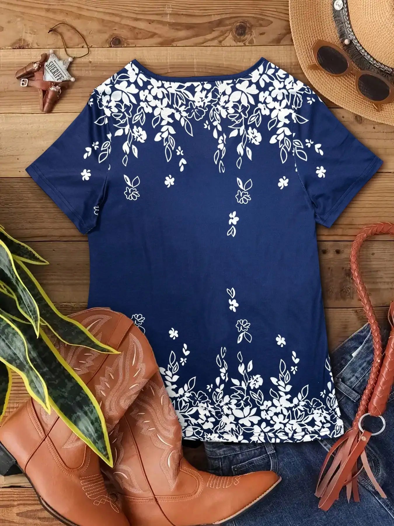 Women's elegant floral V-neck T-shirt, polyester knit fabric, regular length, short sleeves, summer style.