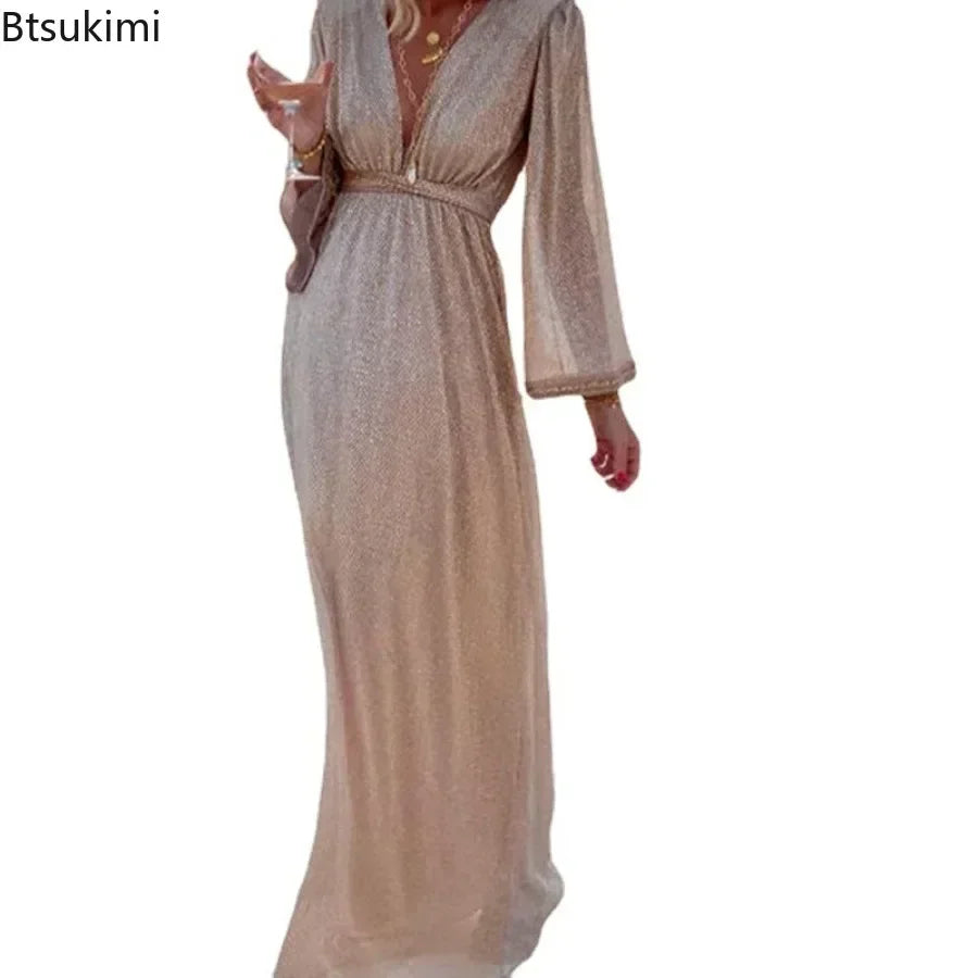 New 2026 Women's Sexy Evening Dresses Deep V-neck Gold Elegant Dress Female Wedding Party Long Formal Prom Party Gowns Vestidos