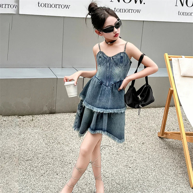 Teen Girls Denim Dresses Summer Sleeveless One-Piece Clothes Kids Jumpsuit Overalls Solid Color Dress Fashion Children's Costume