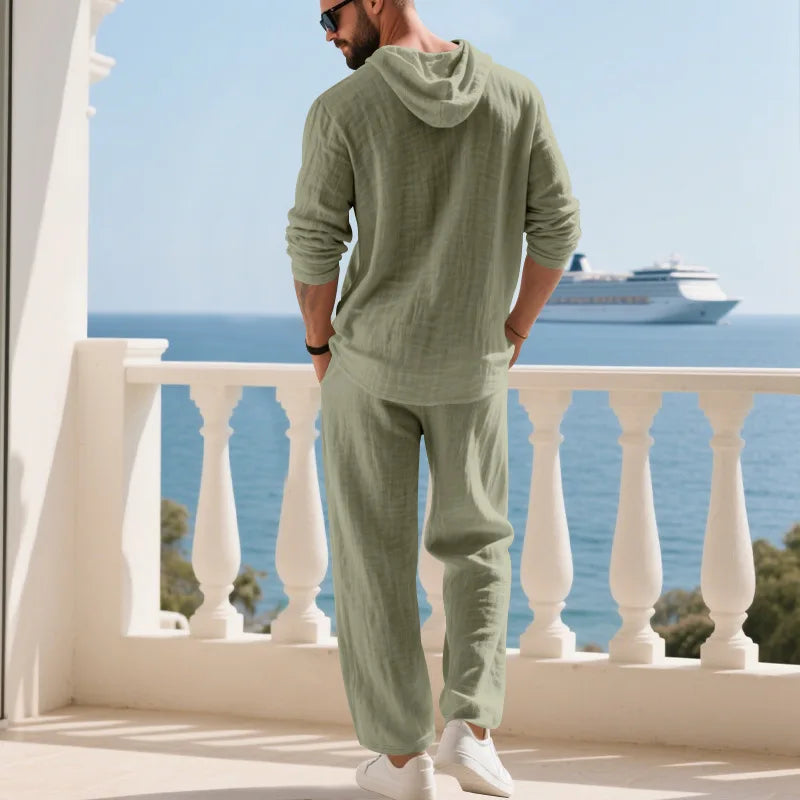 Men's Linen Hooded Sets 2 Piece Outfit Summer Casual Long Sleeve Hoodie and Wide Leg Pants Set for Men