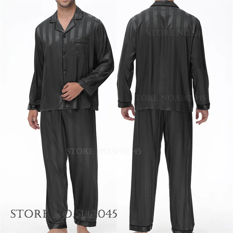 Men Pajamas Sleepwear 2PCS Set Navy Blue Stripes Long Sleeve Trouser Suits Home Clothes Male Loose Silk Satin Pijamas Loungewear
